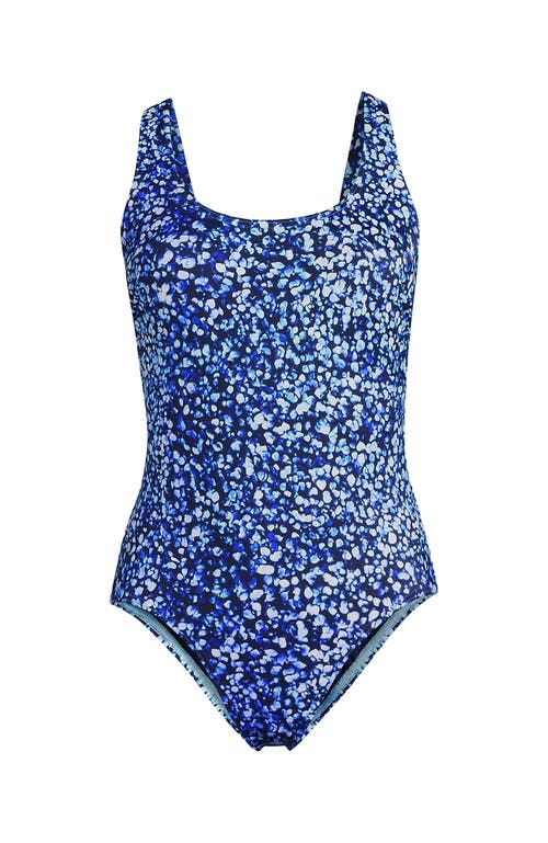 Shop Lands' End Chlorine Resistant Scoop Neck X-back High Leg Soft Cup Tugless Sporty One Piece Swimsuit In Navy/turquoise Mosaic Dot