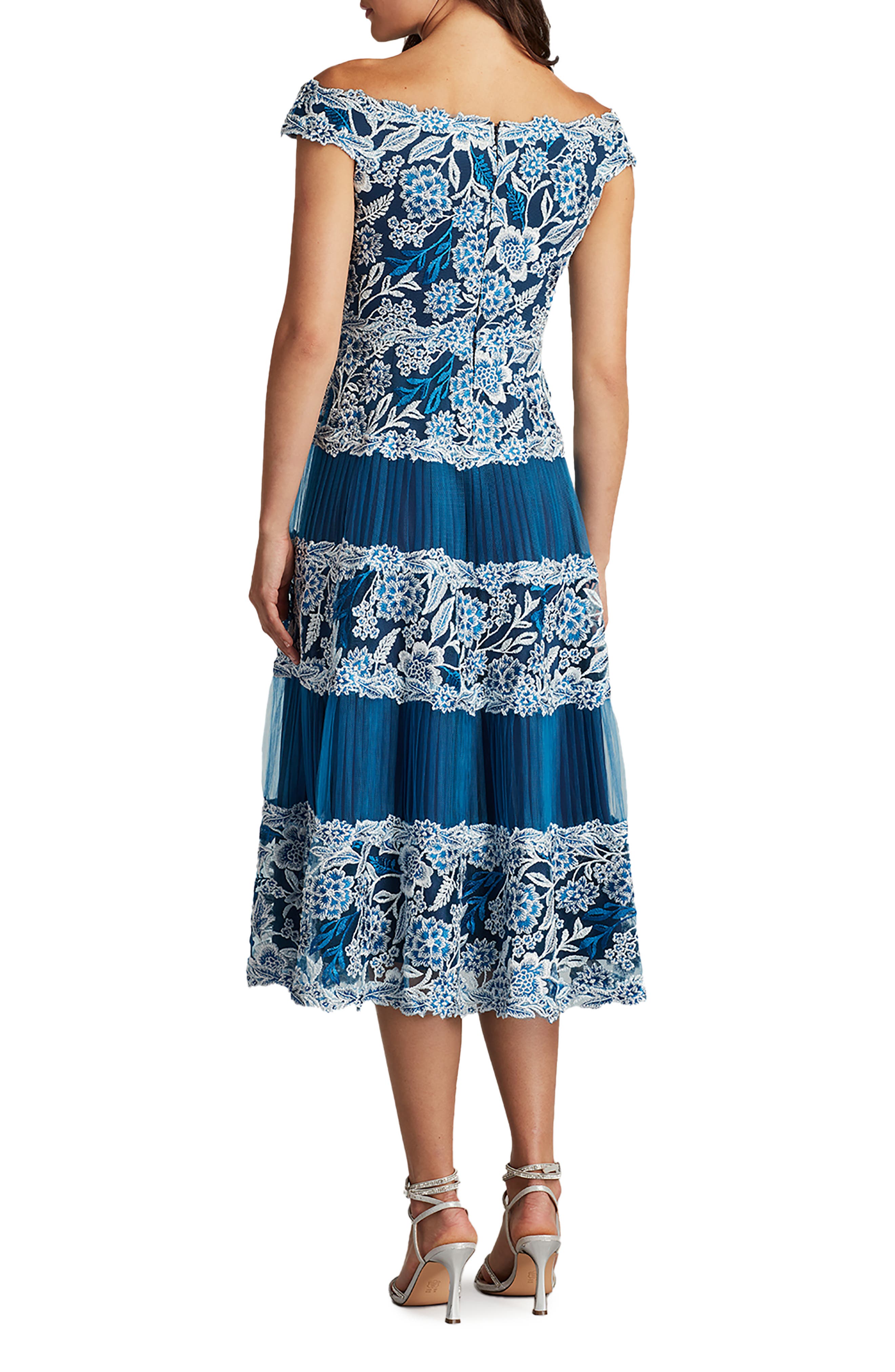 sachin and babi light blue dress Tadashi Shoji floral-embroidered off-shoulder midi dress