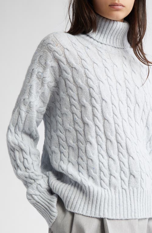 Shop Johnstons Of Elgin Cable Knit Donegal Cashmere Turtleneck Sweater In Ice Blue Donegal