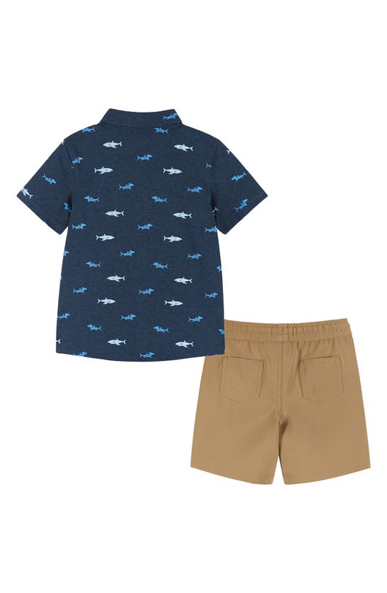 Shop Andy & Evan Kids' Shark Print Short Sleeve Button-down & Shorts Set In Navy Sharks