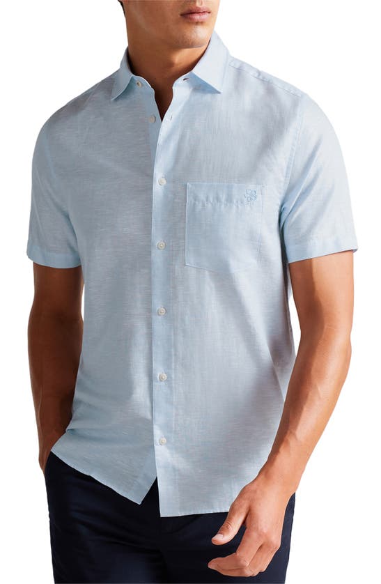 Ted Baker Addle Short Sleeve Linen & Cotton Button-up Shirt In Blue
