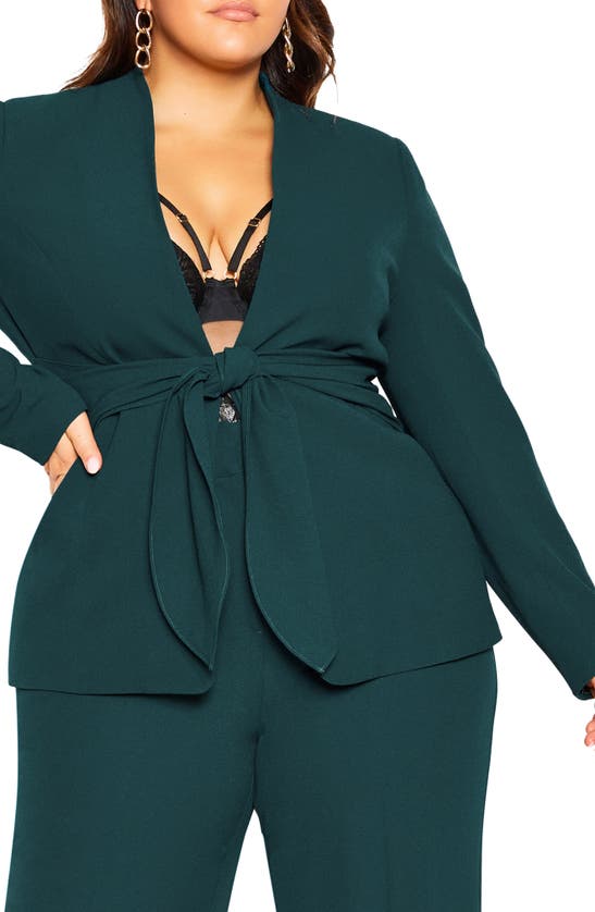 City Chic Elegance Tie Front Blazer In Emerald