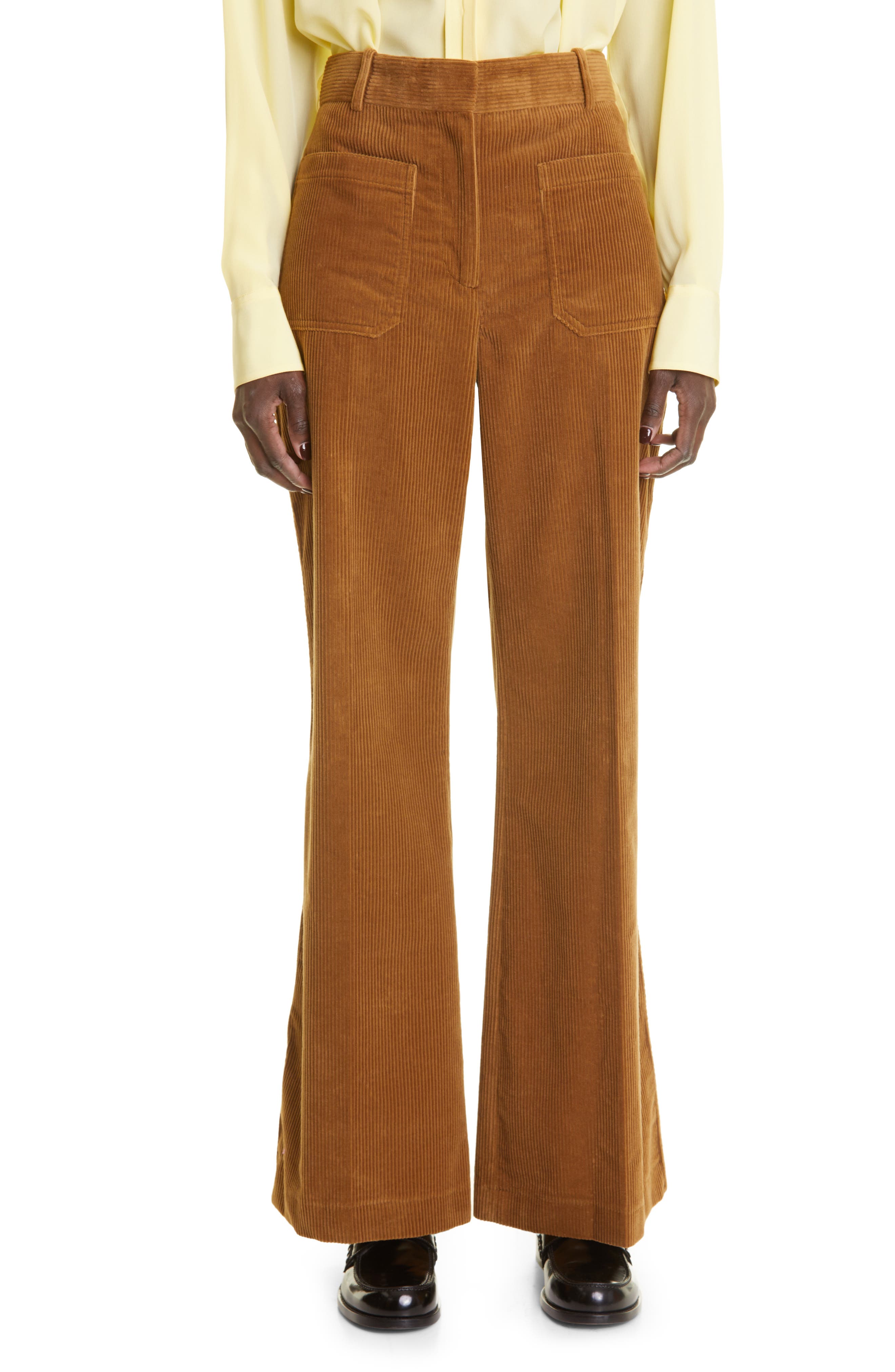 Victoria Beckham Alina Patch Pocket Cotton Corduroy Trousers in Camel
