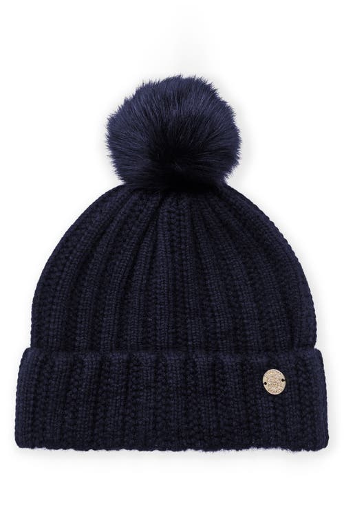 Bruno Magli Ladder Stitch Cashmere Beanie With Genuine Shearling Pompom in Navy 