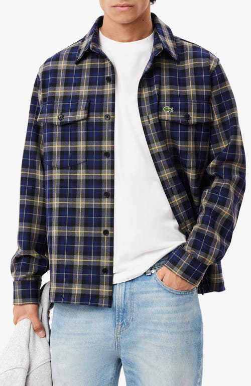 Shop Lacoste Oversize Plaid Flannel Button-up Overshirt In Navy Blue/multico