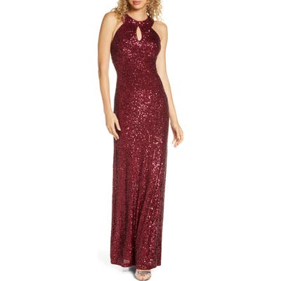 Morgan & Co. Halter Sequin Gown, Burgundy