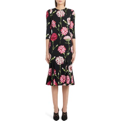 Dolce & gabbana Fluted Hem Floral Print Charmeuse Dress, US / 40 IT - Black