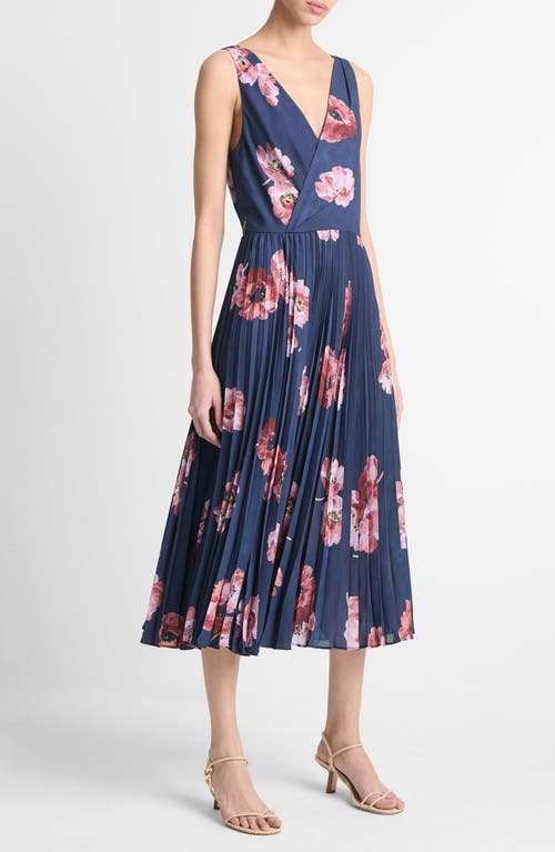 VINCE VINCE PAINTED POPPY PLEATED MIDI DRESS 