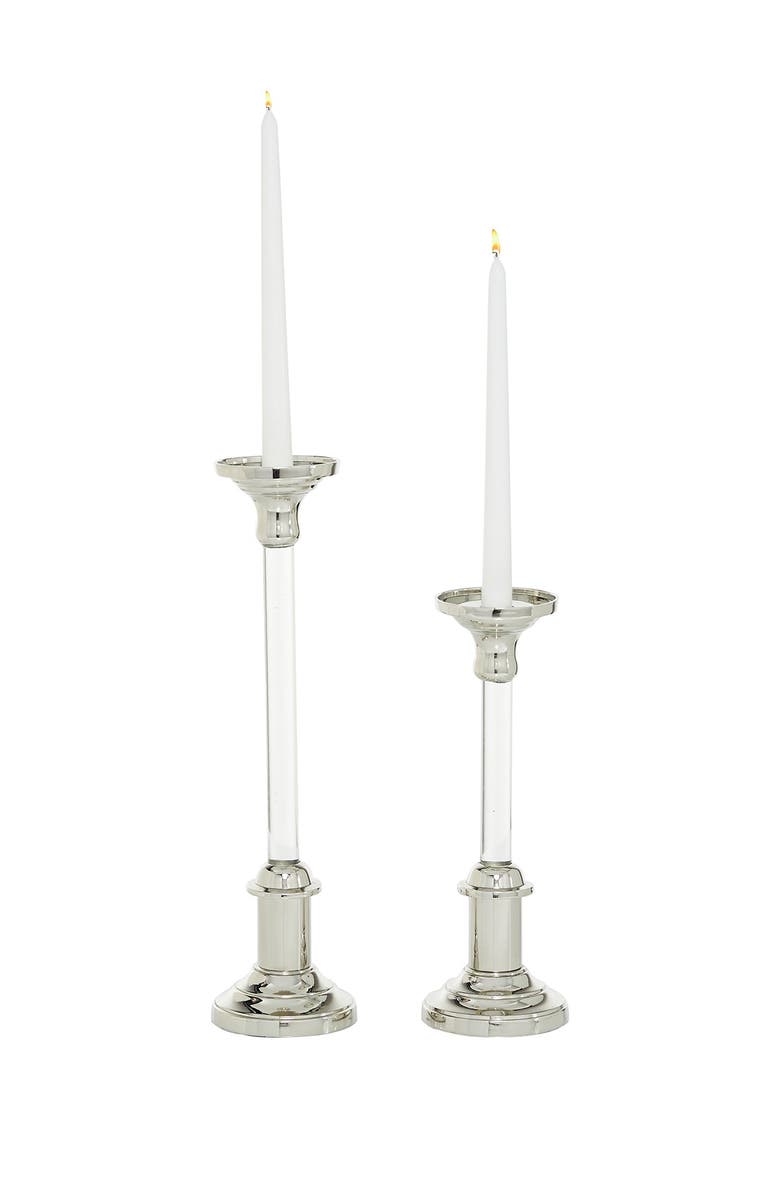 WILLOW ROW Round Clear Acrylic Candle Holders w/ Silver Stainless Steel Top & Base, 2-Piece Set, Main, color, SILVER