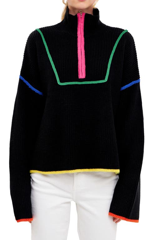 English Factory Color Accent Half-Zip Pullover in Black Multi