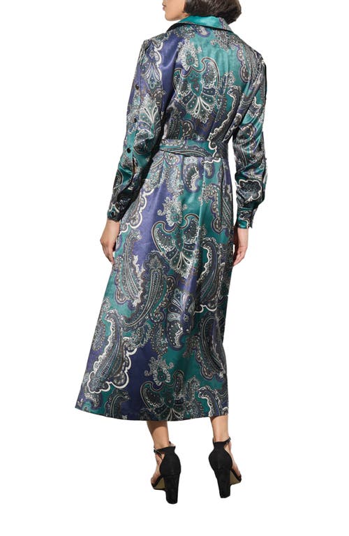 Ming Wang Paisley Print Tie Belt Long Sleeve Charmeuse Midi Shirtdress In Forest Multi