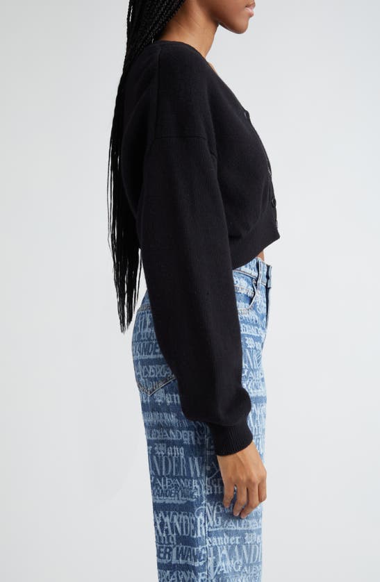 Shop Alexander Wang Embossed Logo Crop Cotton & Wool Cardigan In Black