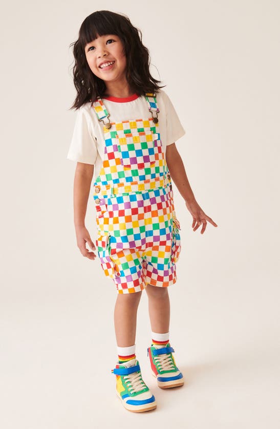 Shop Little Bird Kids' Checkerboard Short Overalls & T-shirt Set In White Rainbow