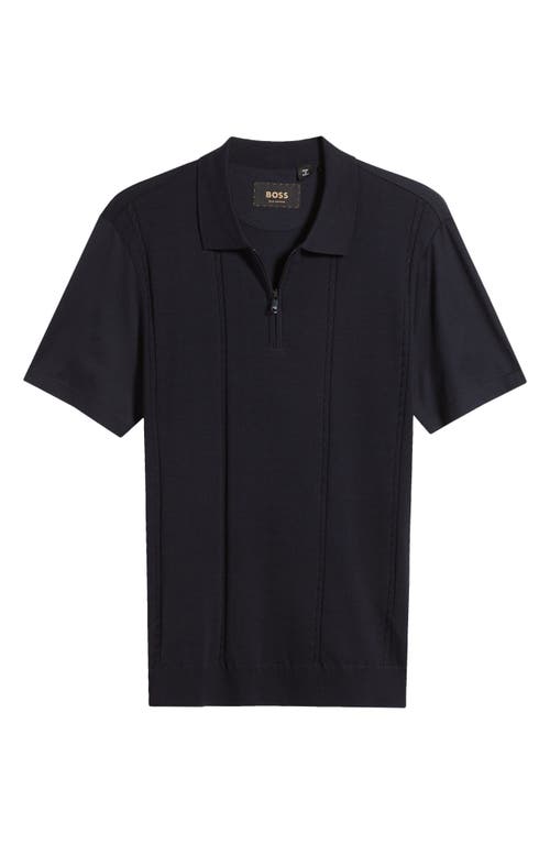 BOSS Parkau Cable Stitch Cotton & Silk Zip Polo Sweater Dark Blue at Nordstrom,