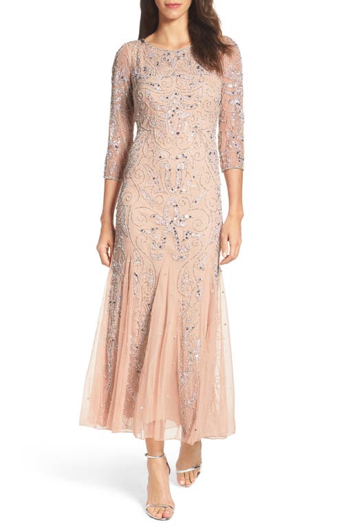 Illusion Sleeve Beaded A-Line Gown in Blush