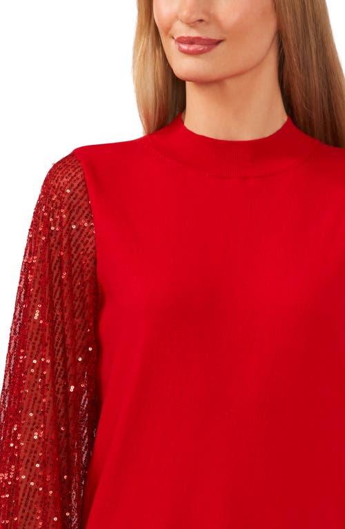 Shop Cece Sequin Sleeve Mock Neck Sweater In Luminous Red