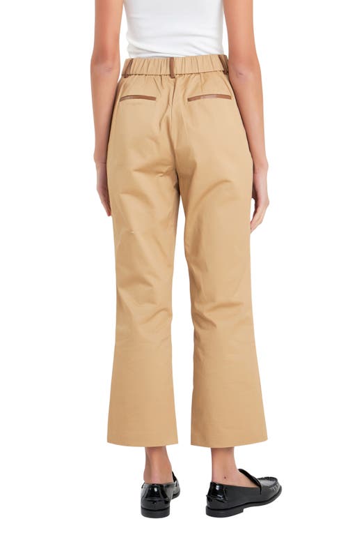 English Factory Faux Leather Trim Crop Flare Twill Pants In Tan