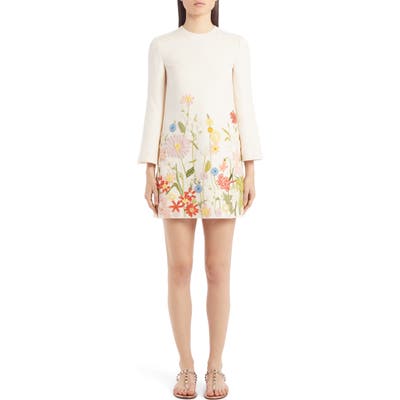 Valentino Embroidered Floral Wool & Silk Long Sleeve Shift Dress, US / 44 IT - Ivory