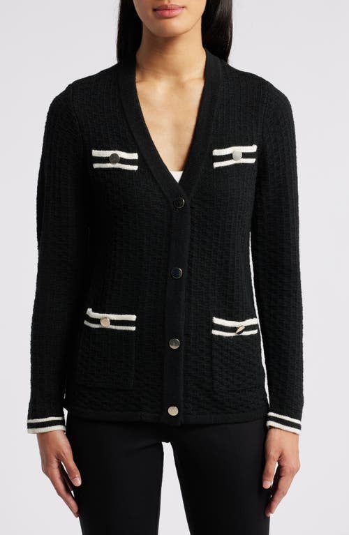 Shop Anne Klein Tipped Pocket Cardigan In Anne Black/anne White