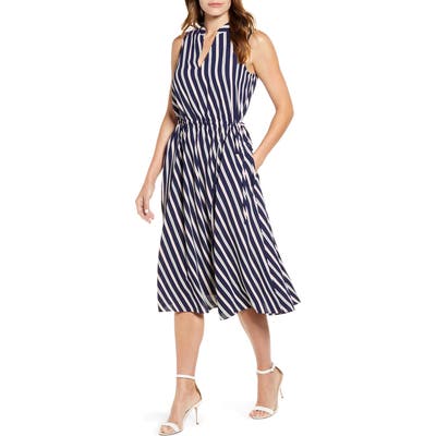 Anne Klein Bias Stripe Drawstring Midi Dress, Blue