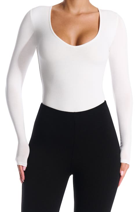  Compression Bodysuit Women White Casual Going Out Crew Neck Long  Sleeve Shirts For Womens Trendy Large