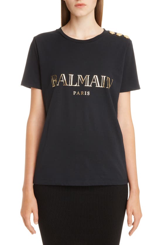 Balmain Button Shoulder Logo Tee In Ead Noir/ Or