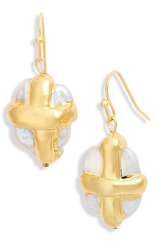 Shop Karine Sultan Wrapped Pearl Drop Earrings In Gold