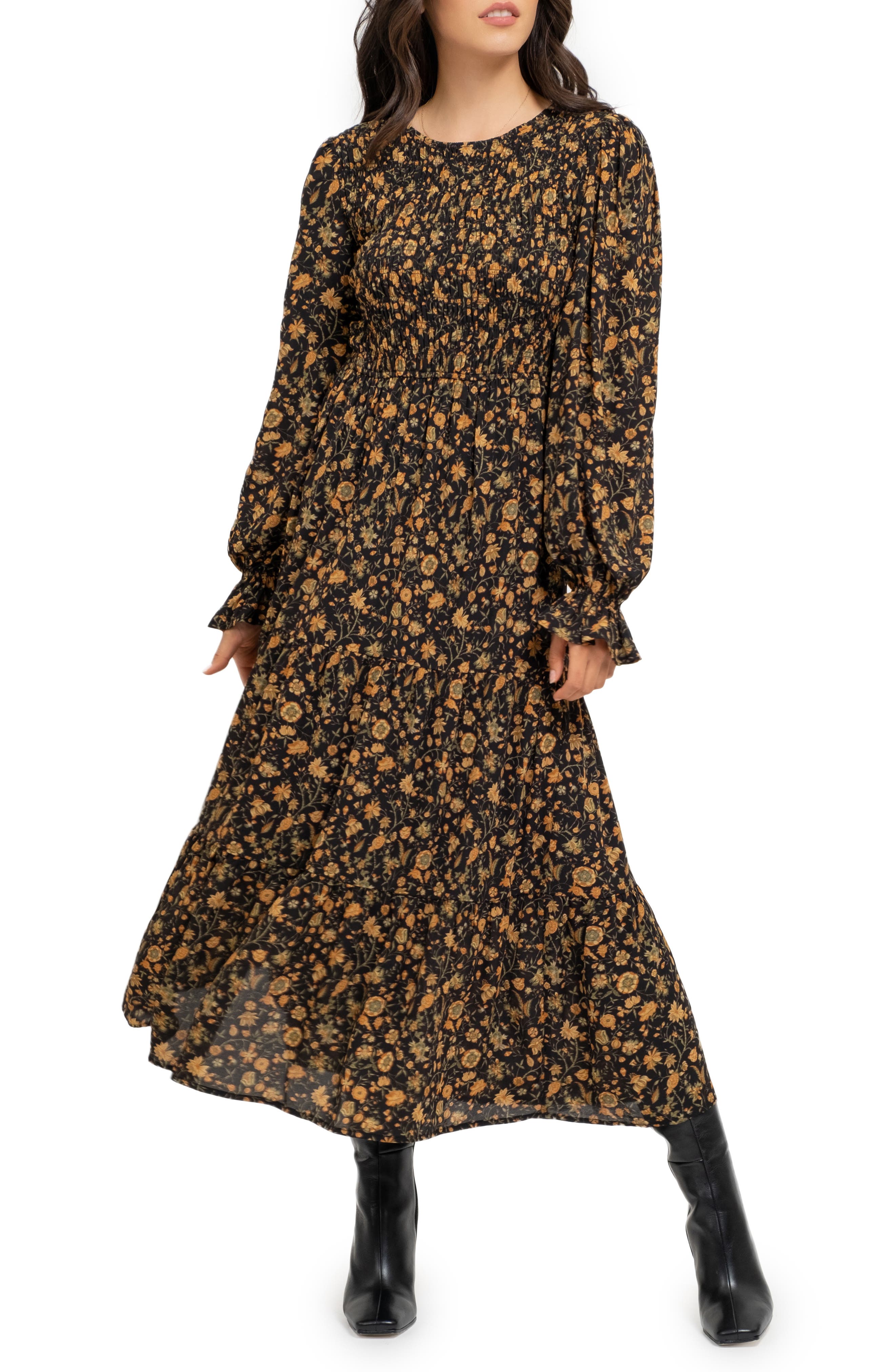 AUGUST SKY Floral Smocked Long Sleeve Maxi Dress | Nordstromrack