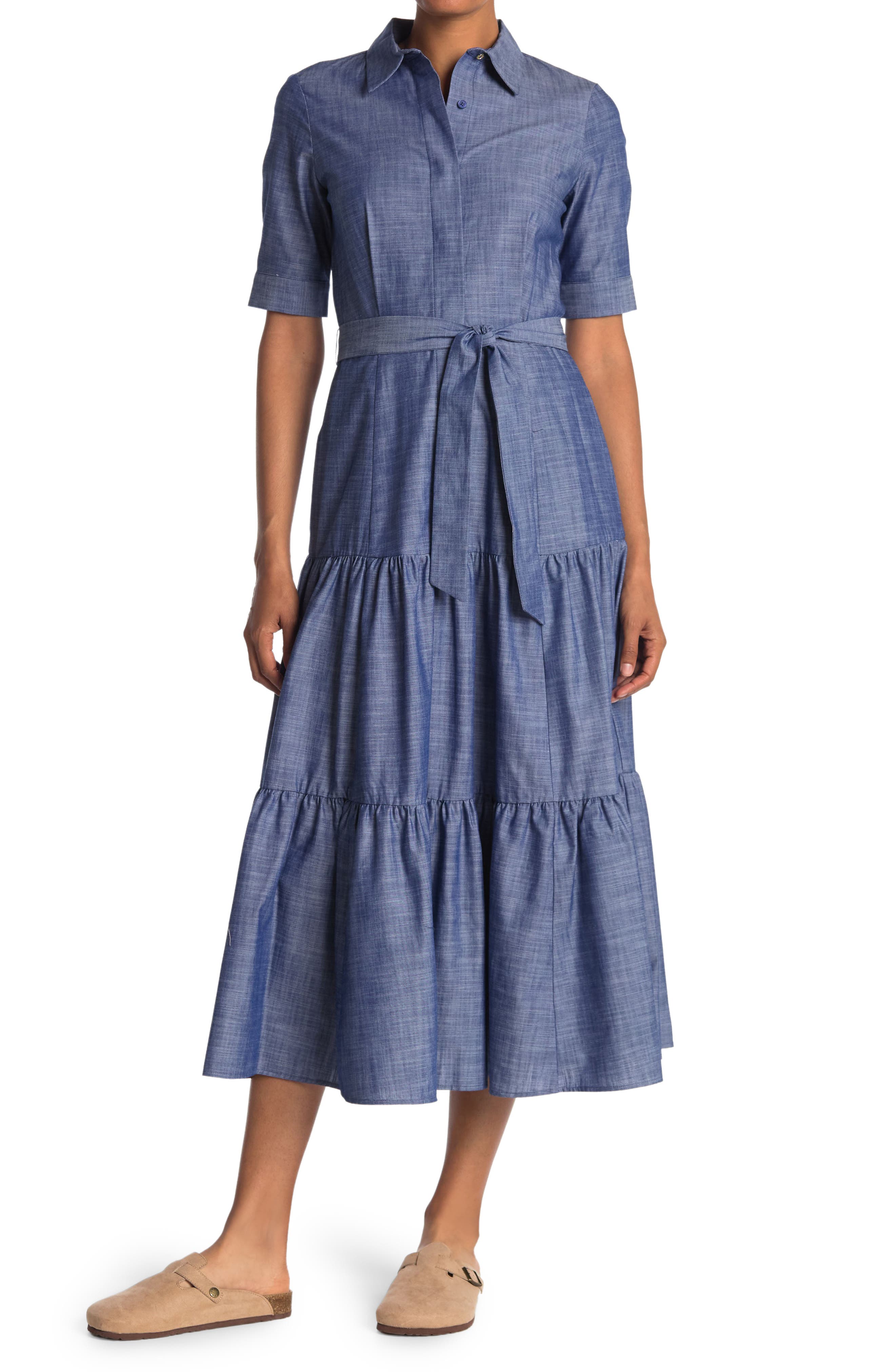 Calvin Klein Tiered Waist Tie Maxi Shirt Dress In Dark Blue1 ModeSens