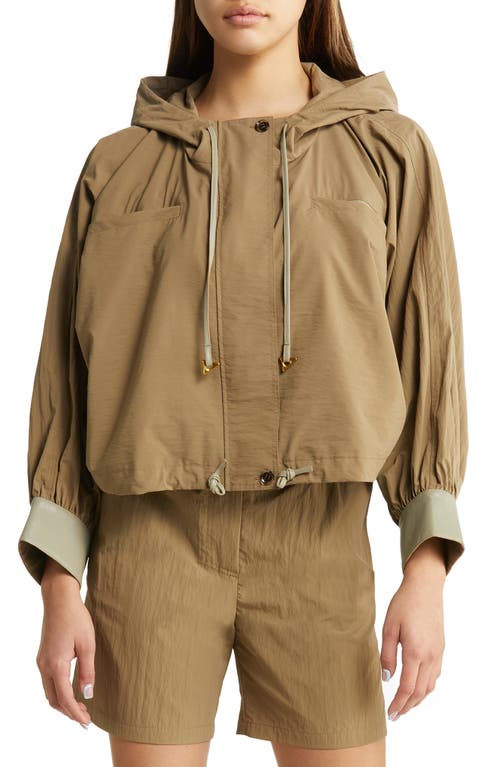 AERON Robine Leather Trim Blouson Sleeve Hooded Jacket in Light Khaki