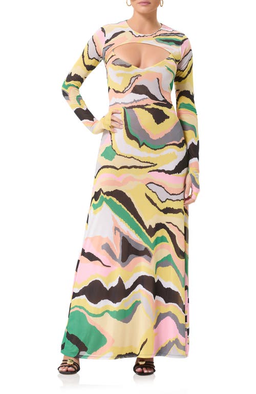 Cyr Cutout Long Sleeve Maxi Dress with Shrug in Soft Linear Abstract