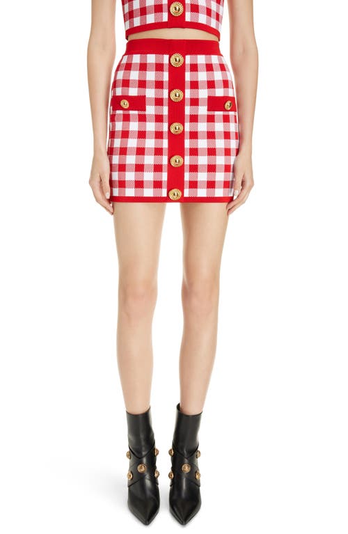 Balmain Gingham Button Front Knit Miniskirt In Mef Red/white