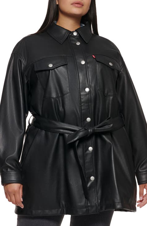Belted Water Resistant Faux Leather Shacket (Plus Size)
