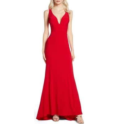 MAC Duggal V-Neck Jersey Gown With Train, Red