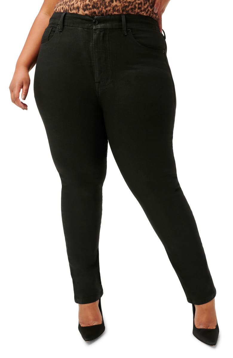 GOOD AMERICAN Good Classic Coated Ankle Straight Leg Jeans, Main, color, BLACK383