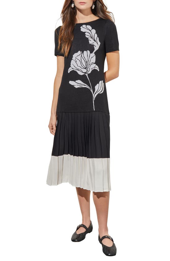 Shop Ming Wang Pleated Drop Waist Knit Midi Dress In Black/ White