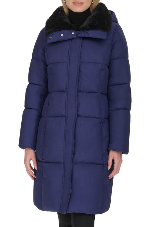 Shop Cole Haan Channel Quilted Shimmer Nylon Puffer Coat With Removable Hood In Navy