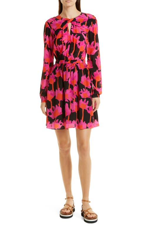JASON WU Floral Long Sleeve Twist Front Minidress in Black/Pink Multi