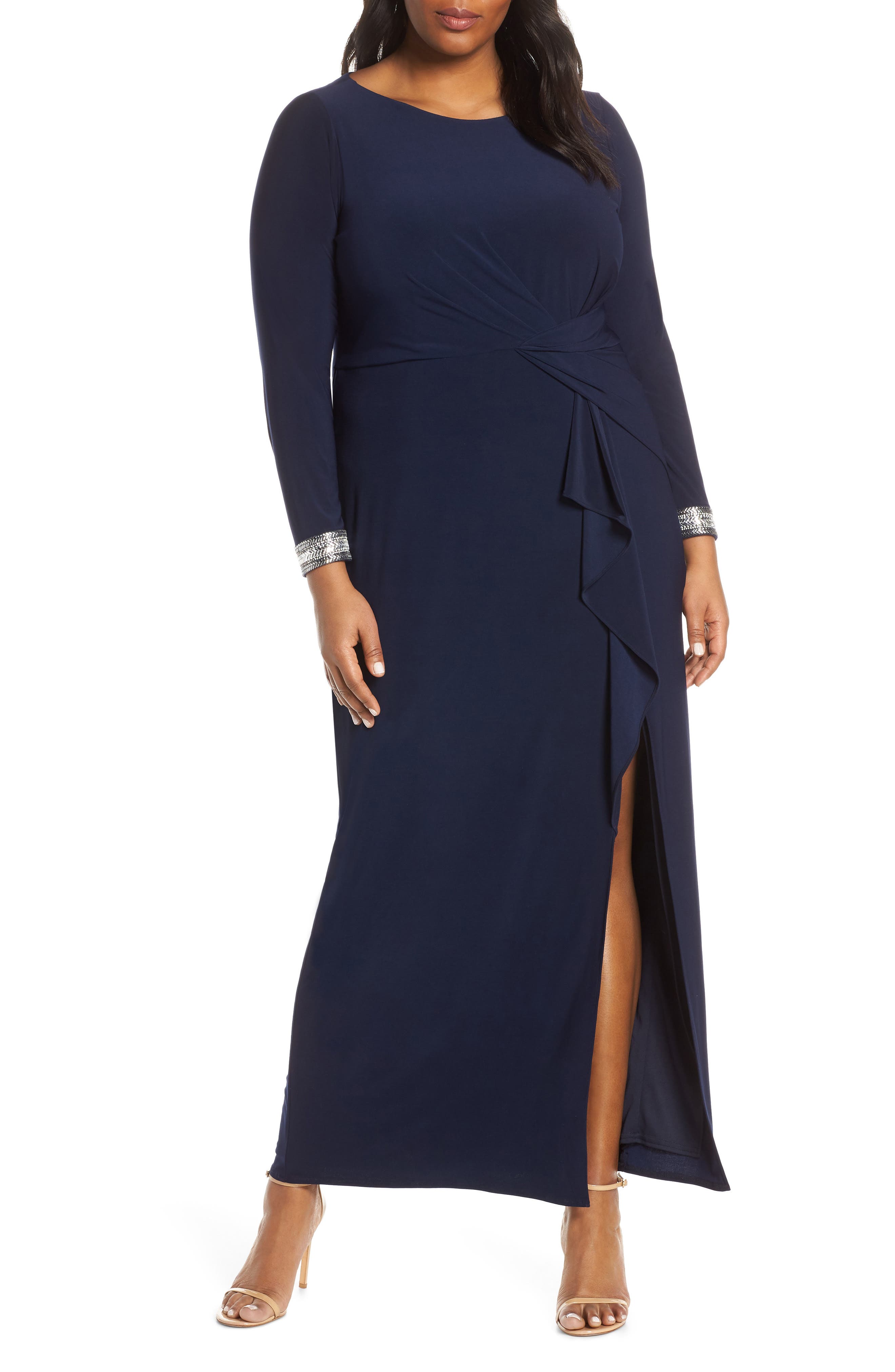 vince camuto beaded cuff ruched jersey dress