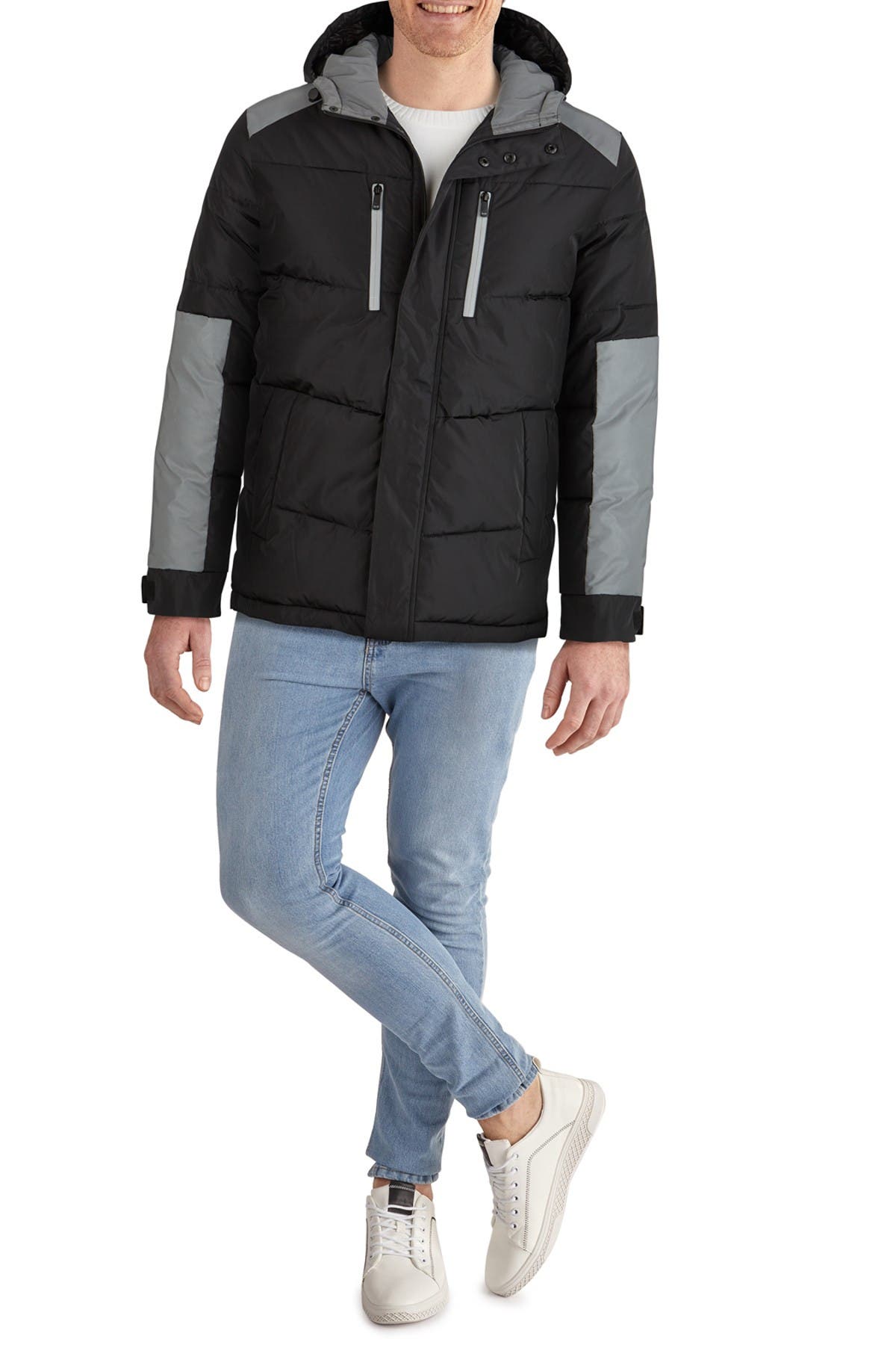 Click to view more detailed imagery on our partner's website Kenneth Cole Colorblock Hooded Puffer Jacket In Black