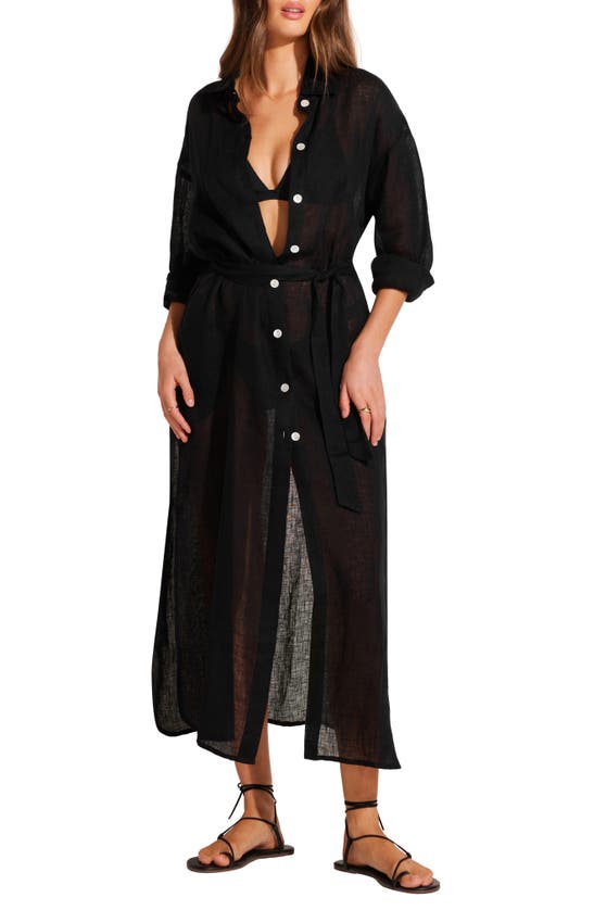 Shop Vitamin A ® Playa Long Seeve Linen Cover-up Maxi Shirtdress In Black Eco Linen