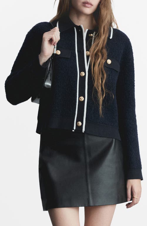 Mango Collared Tweed Jacket In Dark Navy