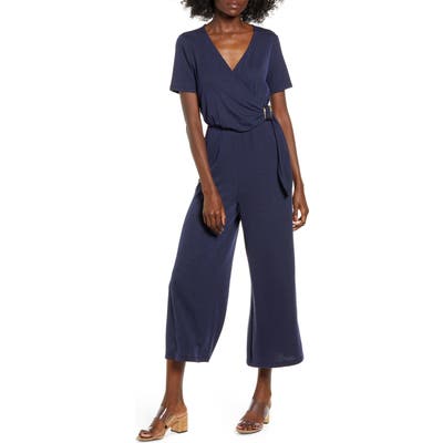 All In Favor Ribbed Surplice Wide Leg Crop Jumpsuit, Blue