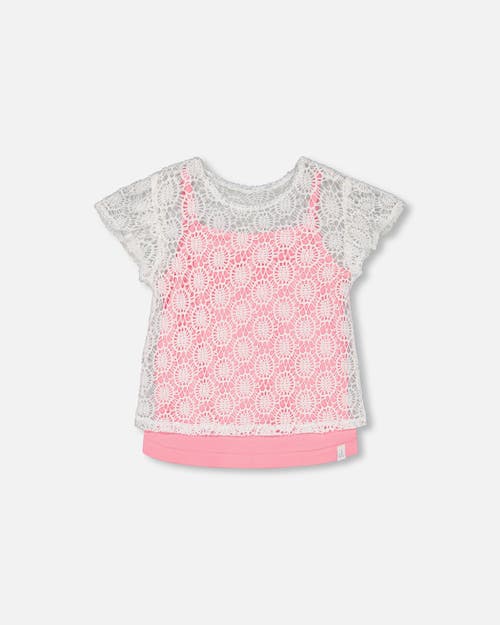 Deux Par Deux Little Girl's Crochet Top With Contrast Tank Pink in White And Pink at Nordstrom, Size 4T