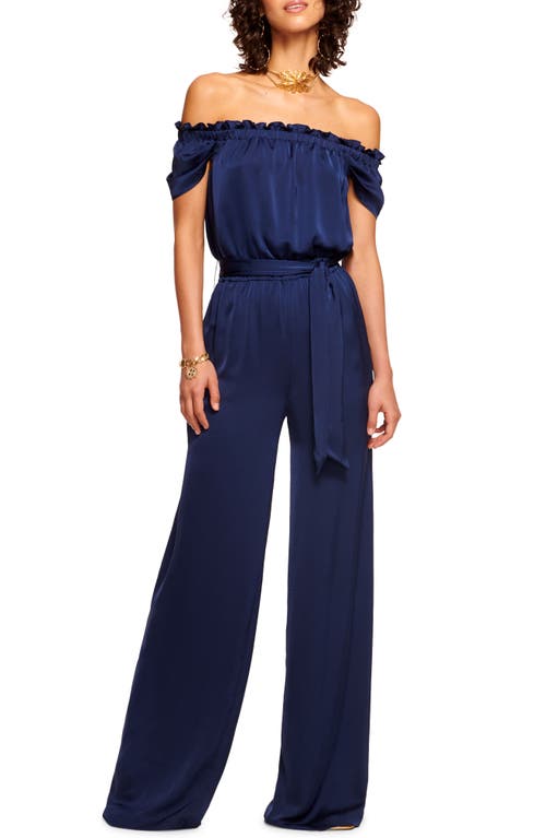 Shop Ramy Brook Lee Off The Shoulder Satin Jumpsuit In Spring Navy