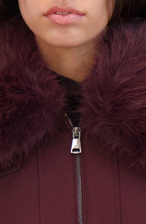 Kenneth Cole New York Belted Softshell Longline Coat With Faux Fur Trim In Burgundy