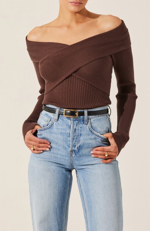 Shop Astr The Label Crossover Off The Shoulder Rib Sweater In Brown