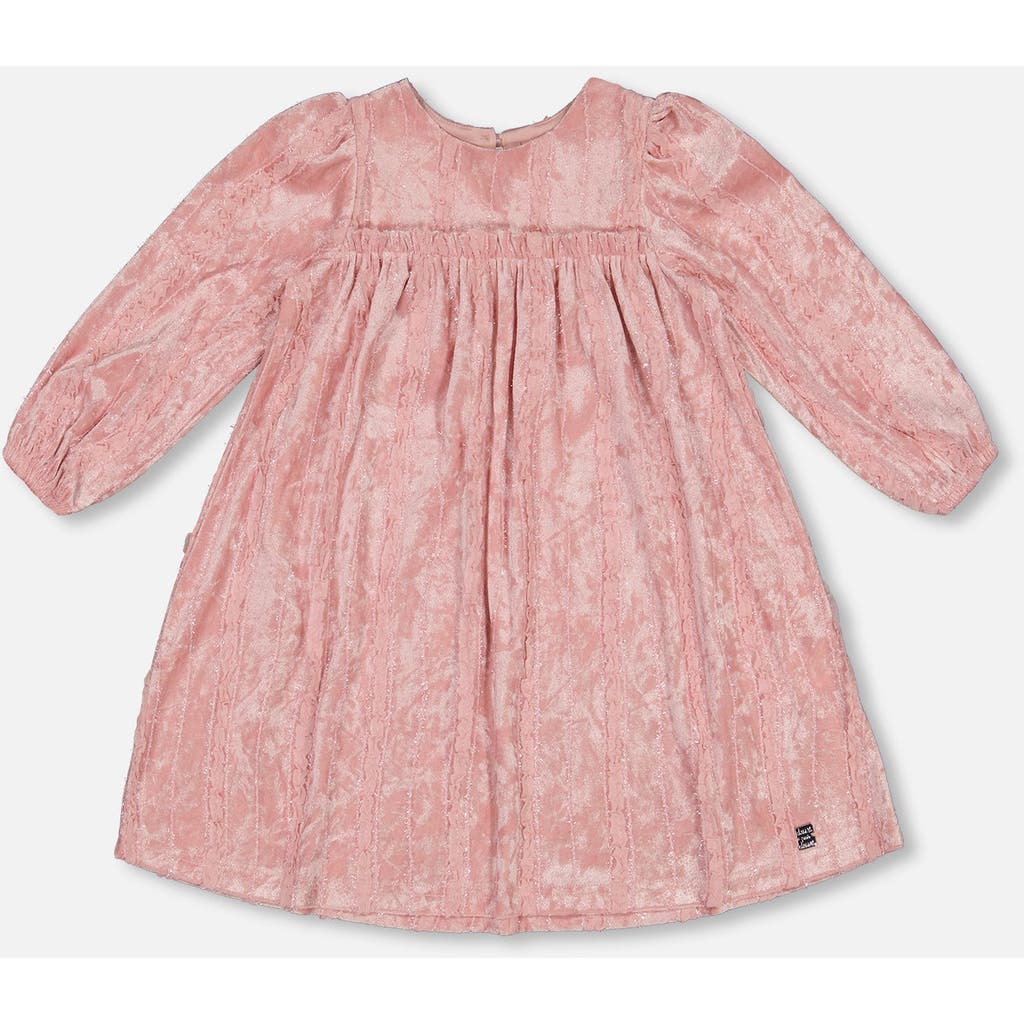 Deux Par Deux Girl's Long Sleeve Velvet Dress With Frills Light Pink In Silver Pink