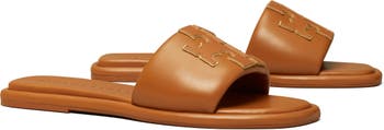 Shop Tory Burch Double-T Monogram Padded Leather Slide Sandals