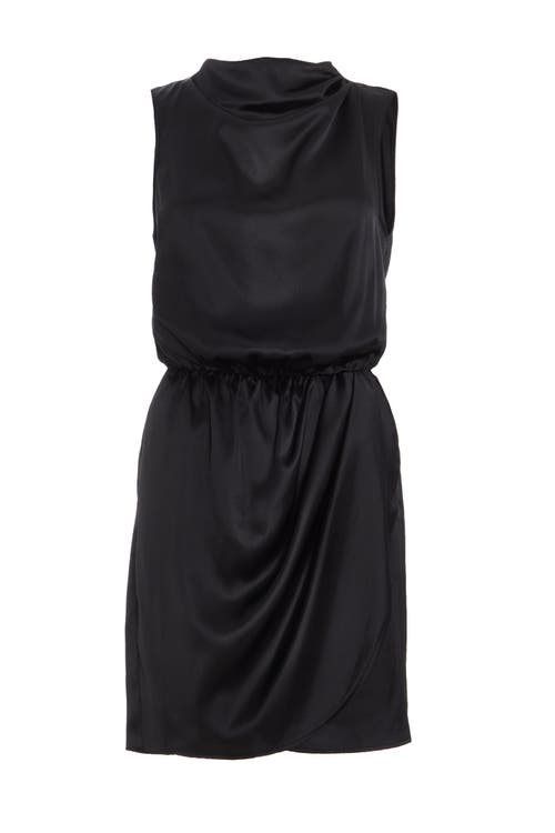 Quiz Sleeveless Ruched Satin Mini Dress In Black